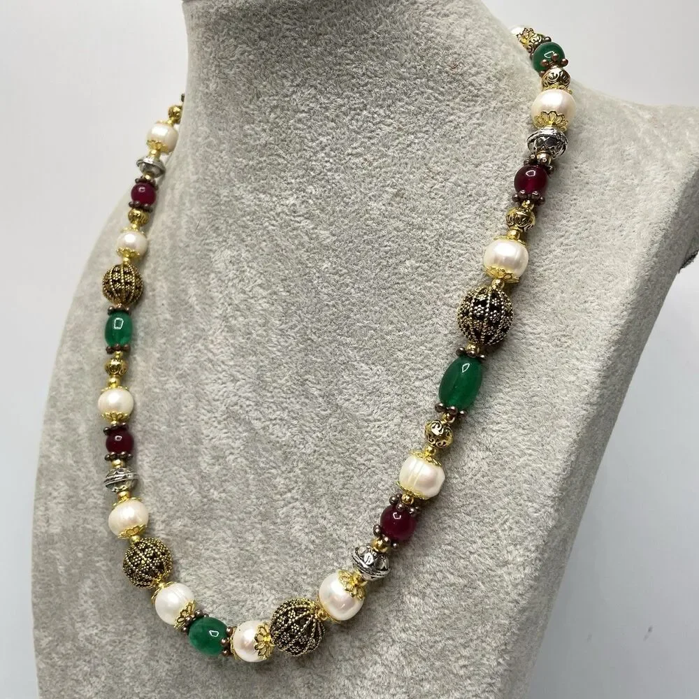 Stunning Green Red Gemstone Freshwater Pearl Beaded Necklace Gold Plated 23